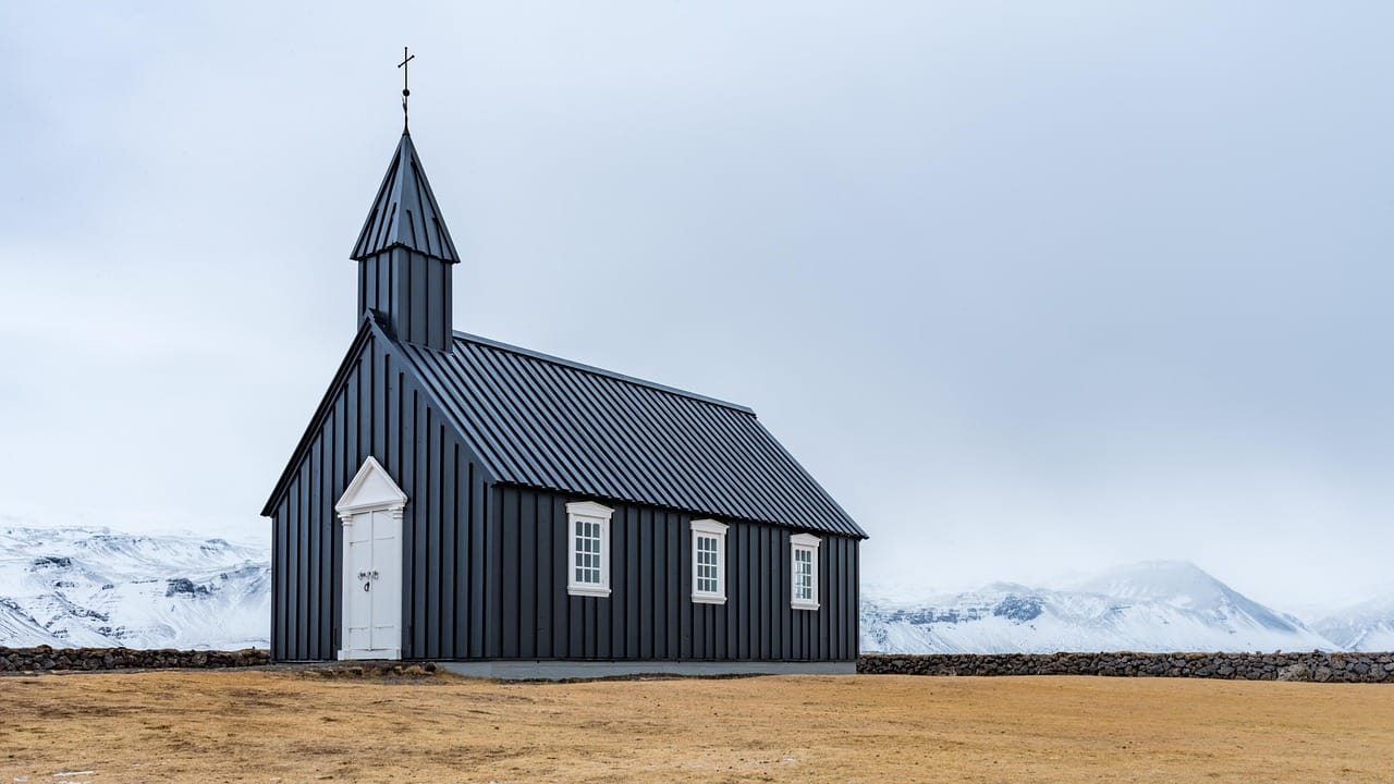 A small church in the east, a moment after the sun came out.