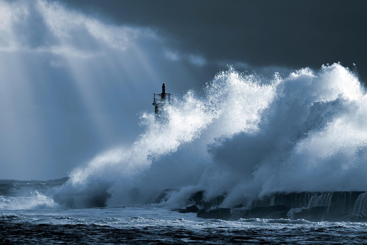 Hornby Point light in a February storm. The lamp has run automatically for thirty years.